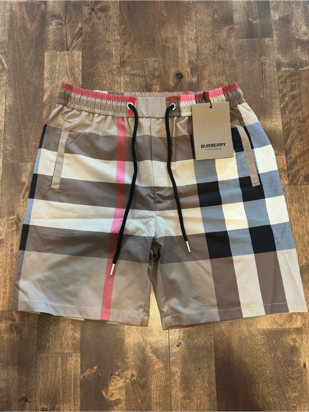 Burberry Beige Check Swim Trunks with Pink Stripe